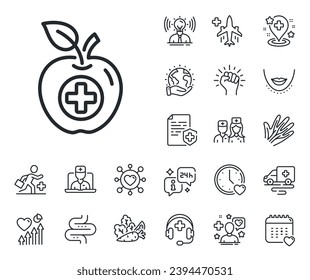 Health apple sign. Online doctor, patient and medicine outline icons. Medical food line icon. Medical food line sign. Veins, nerves and cosmetic procedure icon. Intestine. Guts, colon health. Vector