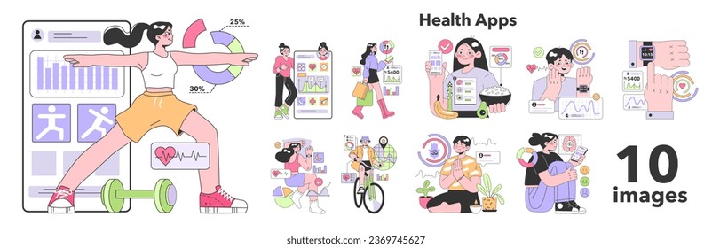 Aplicaciones de mantenimiento establecidas. Caracteres que utilizan dispositivos digitales y dispositivos para monitorear la actividad corporal y la salud mental. latido cardíaco, control de temperatura y podómetro. Ilustración vectorial plana