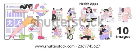 Health applications set. Characters using digital device and gadgets to monitor body activity and mental health. Heartbeat, temperature control and pedometer. Flat vector illustration