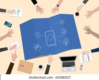 health apps application concept illustration with hand team work together on top of the table vector
