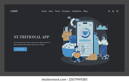 Health apps concept. Digital nutrition tracking with a smartphone interface, balanced diet monitoring, and fitness goals management. Vector illustration.
