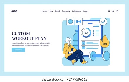 Health Apps concept. Illustration of person using a fitness app for tracking workout and calories on a smartphone. Personalized exercise planning. Vector illustration.