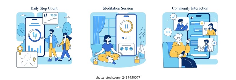 Health Apps set. Tracking daily activity, facilitating meditation, and fostering community support. Wellness technology engagement. Vector illustration.