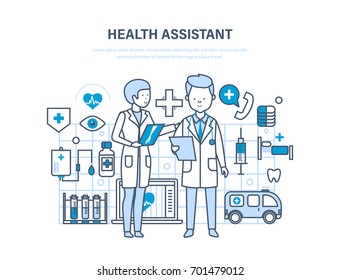 Health Assistant Concept. Modern Health Care System. Joint Work, Assistant Doctor. Team Medical People. Illustration Thin Line Design Of Vector Doodles, Infographics Elements.