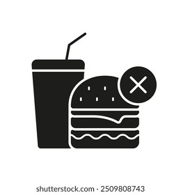 Concienciación sobre la salud y restricciones en la dieta. No hay comida chatarra icono de silueta. Hábitos alimenticios poco saludables con el símbolo de prohibición sobre la hamburguesa y la gaseosa. Ilustración vectorial aislada.