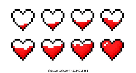 Health bar heart shape pixel style element. 8bit health indicator illustration.