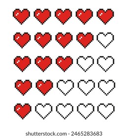 Health bar heart shape pixel style element. 8bit health indicator. Health points bar in a video game. Vector illustration