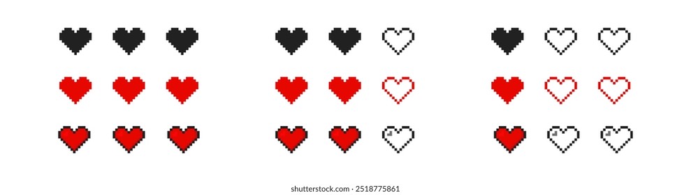 Health bar in retro game style. Pixel nubes heart icon set. Vintage isolated vector