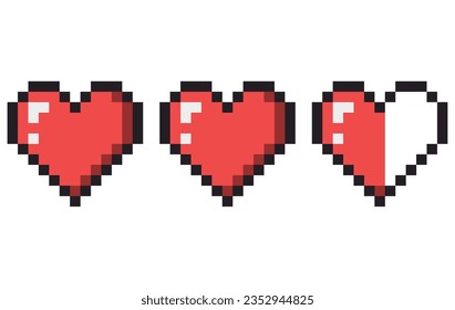 píxel de punto de vida. corazones de tres píxeles. El bar de la salud en el videojuego. Diseñar elementos para videojuegos. Clipart vectorial aislado en un fondo transparente.