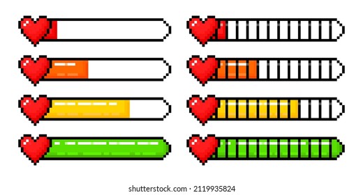 Health bar video game pixel style element. Mana indicator 8 bit set.