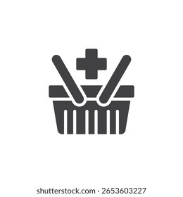 Gesundheitskorb solides Symbol im Glyphe-Vektorformat. Ein gefüllter Warenkorb mit Kreuz für Medizin- oder Wellness-Produkte. Apotheken-Symbol und Produktsymbol.