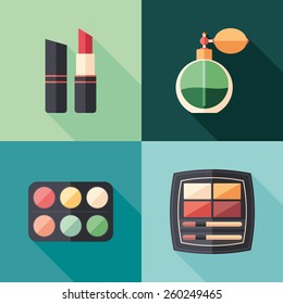 Health and beauty flat square icons with long shadows.