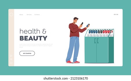 Health And Beauty Landing Page Template. Customer Purchase Medicament In Drugstore. Man Choose Drug At Pharmacy Reading Label On Bottle. Character Holding Medicine. Cartoon People Vector Illustration