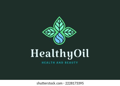 health and beauty logo with leaf shape and oil or liquid drop