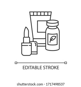 Health and beauty pixel perfect linear icon. Woman healthcare. Skincare products. Thin line customizable illustration. Contour symbol. Vector isolated outline drawing. Editable stroke