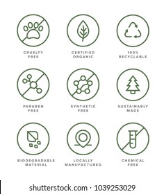 Health and beauty product flat vector icon set for organic, earth-friendly, socially conscious business.