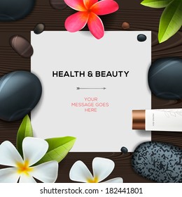 Health and beauty template with Natural spa cosmetics products, vector illustration. 