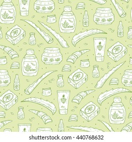 Health and beauty Vector background. Hand drawn Cosmetics and medicaments made from Aloe and Aloe Vera plant Seamless pattern. Alternative medicine, treatment and body care with aloe ingredients.