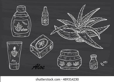 Health and beauty Vector set: Cosmetic bottles and packaging. Hand drawn Aloe cosmetics and Aloe Vera plant. Alternative medicine, treatment and body care with aloe ingredients. Vector illustration