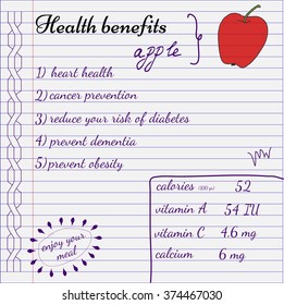 Health benefits of apple. Nutrition facts infographics. Hand drawn health benefits.