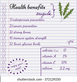 Health benefits of arugula. Nutrition facts infographics. Hand drawn health benefits.
