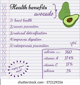 Health benefits of avocado. Nutrition facts infographics. Hand drawn health benefits.