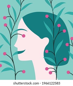 The health benefits of the contact with nature represented with vector profile portrait of happy young woman whose eye and mouth are made up of leaves and berries
