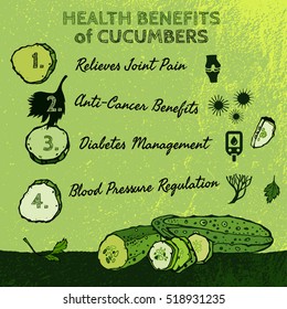 Health benefits of cucumbers. Beautiful hand drawn image in bright green colors. Vector illustration in unique artistic style on a textured background. Natural and organic food creative concept.