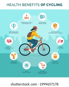 Health benefits of cycling infographic with woman riding a bicycle in the city street svg