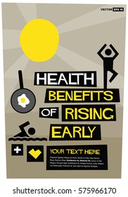 Health benefits of Early Rising (Flat Style Vector Illustration Sunrise Poster Design) With Text Box Template