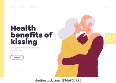 Health benefits of kissing landing page template with old senior man and woman couple hugging design