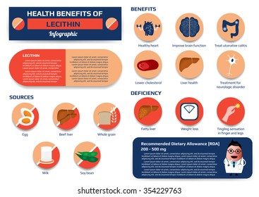 Health Benefits Of Lecithin Infographic Including Of Deficiency And Sources, Medical Vector Illustration For Education.