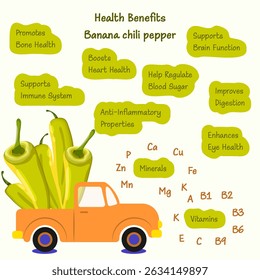 Health benefits and nutrients of Banana chili peppers or yellow wax peppers. Harvest truck loaded with peppers. Isolated vector illustration.