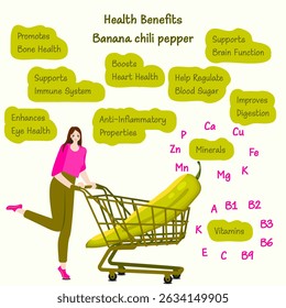 Health benefits and nutrients of Banana chili peppers or yellow wax peppers. Woman holding cart of peppers. Isolated vector illustration.