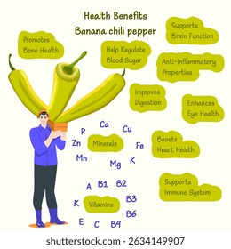 Health benefits and nutrients of Banana chili peppers or yellow wax peppers. Farmer holding crate of peppers. Isolated vector illustration.