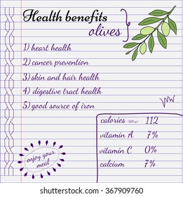 Health benefits of olives. Nutrition facts infographics. Hand drawn health benefits.
