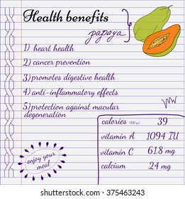 Health benefits of papaya. Nutrition facts infographics. Hand drawn health benefits.