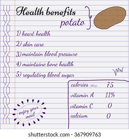 Health benefits of potato. Nutrition facts infographics. Hand drawn health benefits.