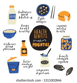 Health benefits of probiotics. Hand drawn infographic poster with probiotic foods and its benefits. Made in vector