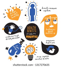 Health benefits of probiotics. Hand drawn infographic poster. Vector. Doodles