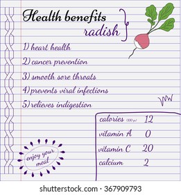 Health benefits of radish. Nutrition facts infographics. Hand drawn health benefits.