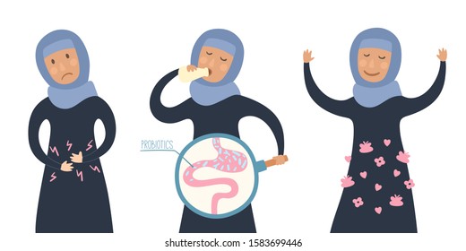 Health Benefits Of Taking Probiotics. Probiotic Therapy Flat Style. Muslim Girl Drinking Yogurt With Probiotics Bacteria In The Gut.  Prebiotic, Lactobacillus In Yogurt. - Vector
