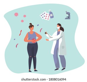 Health Benefits Of Taking Probiotics.Woman Has A Stomach Ache.
Dysbacteriosis Or Diarrhea Of Colon.Probiotic Therapy.Girl Drinking Yogurt With Probiotics With Lactobacillus.Flat Vector Illustration