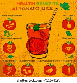 Health benefits of tomato juice. Medicine icons and elements in hand drawn style on a textured background. Vector illustration made in orange, red and green colors.