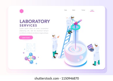 Health and biochemistry laboratory of nanotechnology. Molecule helix of dna, genome or gene evolution. Vector beauty science genome clone sequence concept with characters. Flat isometric illustration Health and biochemistry laboratory of nanotechnology. Molecule helix of dna, genome or gene evolution. Vector beauty science genome clone sequence concept with characters. Flat isometric illustration