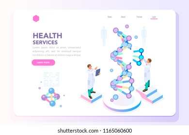 Health And Biochemistry Laboratory Of Nanotechnology. Molecule Helix Of Dna, Genome Or Gene Evolution. Vector Beauty Science Genome Clone Sequence Concept With Characters. Flat Isometric Illustration.