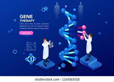 Health and biochemistry laboratory of nanotechnology. Molecule helix of dna, genome or gene evolution. Vector blue science genome clone sequence concept with characters. Flat isometric illustration.