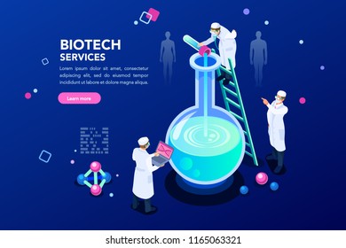 Health And Biochemistry Laboratory Of Nanotechnology. Molecule Helix Of Dna, Genome Or Gene Evolution. Vector Blue Science Genome Clone Sequence Concept With Characters. Flat Isometric Illustration.