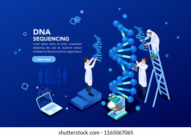 Health And Biochemistry Laboratory Of Nanotechnology. Molecule Helix Of Dna, Genome Or Gene Evolution. Vector Blue Science Genome Clone Sequence Concept With Characters. Flat Isometric Illustration.