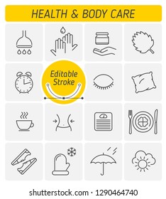 The health and body care outline icon set. The body hygiene, healthy sleep and food, fitness and walks in the open air line symbols. The healthy lifestyle linear vector icons with editable strokes.